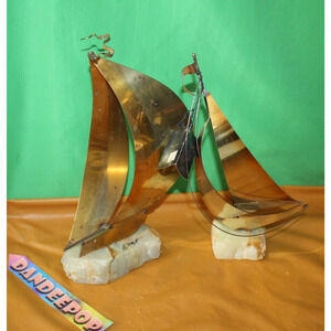 Vintage Pair Brass Metal Steel Onyx Sailboat Sculptures DeMott And Mario Jason